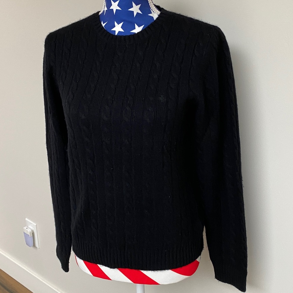 Ralph Lauren Black V-Neck 100% Cashmere Cable Knit Sweater